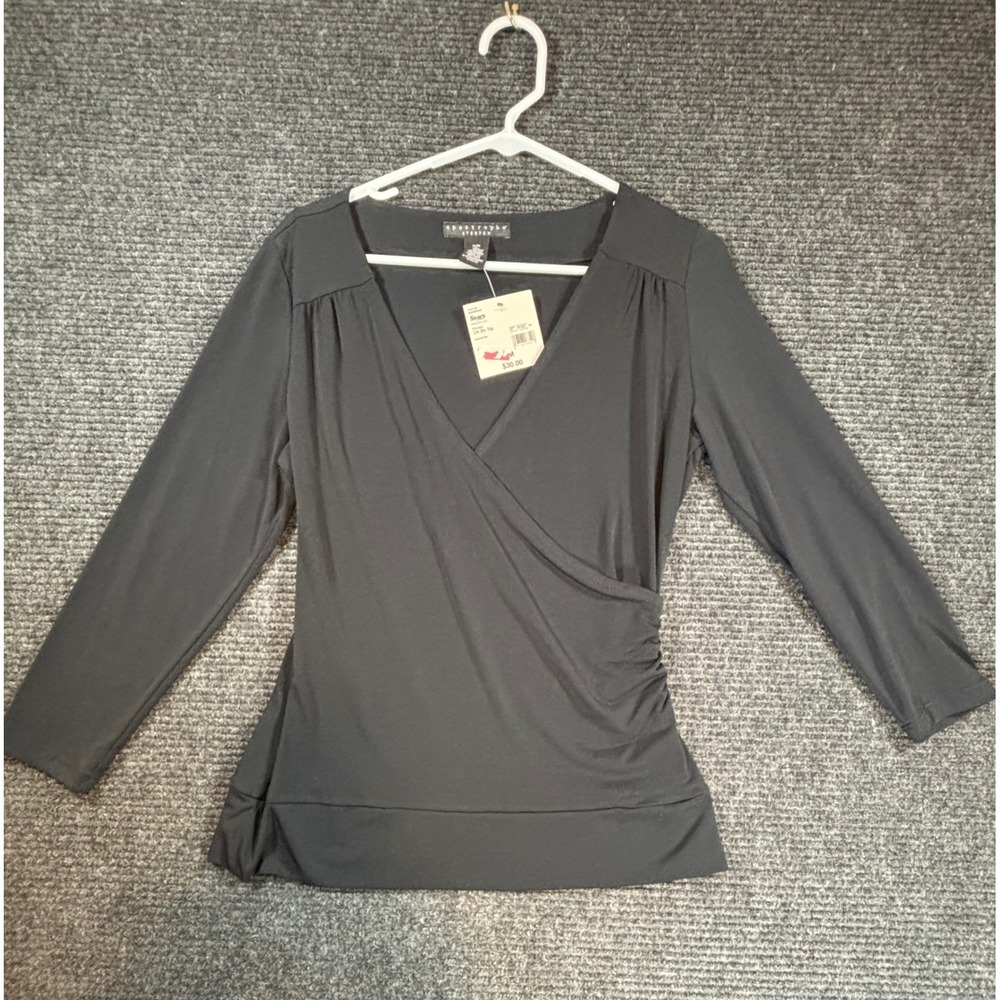 Apostrophe Stretch Black‎ Faux Wrap Top 3/4 Sleeve V-Neck Blouse M XKRSS03VN